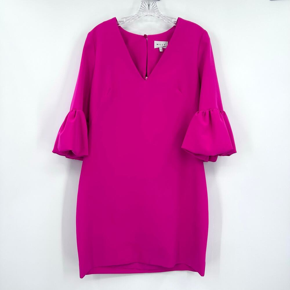 MILLY Mandy Dress Raspberry Pink Italian Cady Bubble Sleeve Shift Mini Dress 8 - Picture 3 of 11